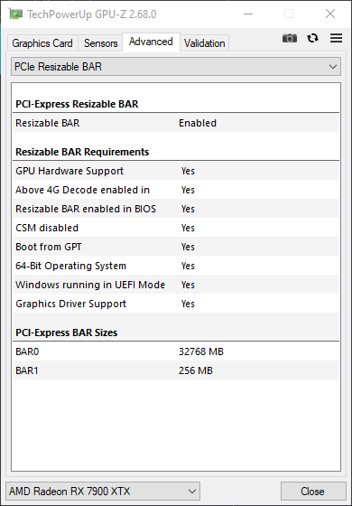 GPU-Z showing Resizable BAR enabled