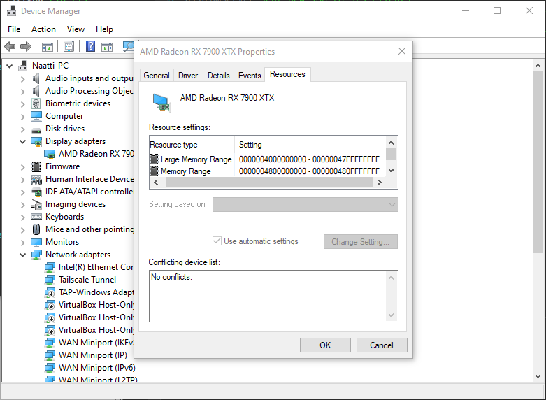 Device Manager showing Large Memory Range